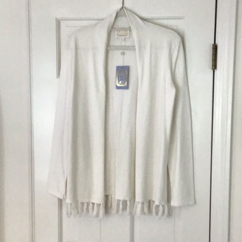 Elegant White Sweater with Fringe by Salt to Sable, size Small NWT